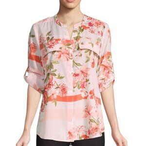 Calvin Klein Botanical Roll-Sleeve Utility Blouse Porcelain Rose Women’s Size XL